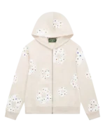 Rhinestone Cotton Wreath Zip Hoodie Oatmeal
