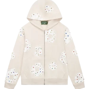 Rhinestone Cotton Wreath Zip Hoodie Oatmeal