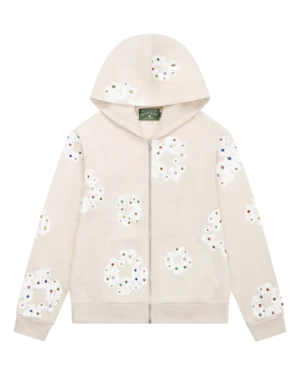 Rhinestone Cotton Wreath Zip Hoodie Oatmeal