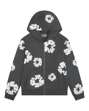 Rhinestone Cotton Wreath Zip Hoodie Vintage Black