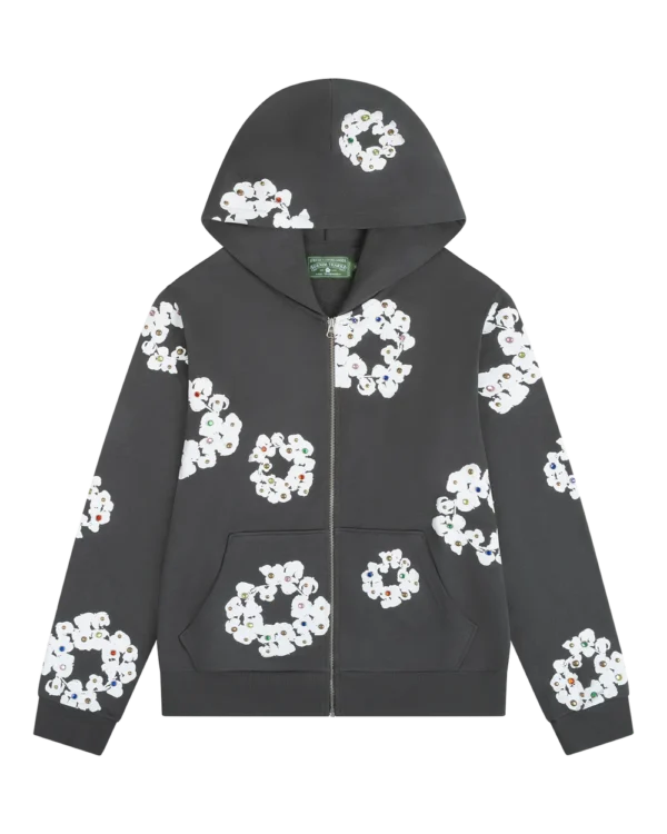 Rhinestone Cotton Wreath Zip Hoodie Vintage Black